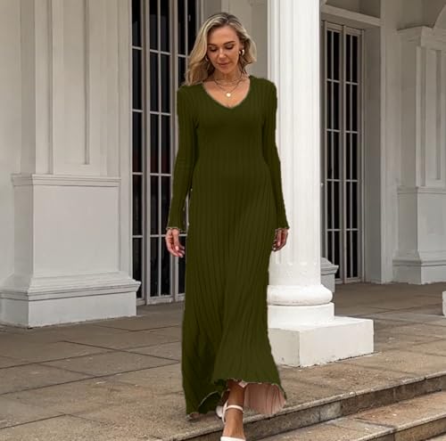 Image of RanRui Womens Winter Fall Pleated Knitted Fit and Flare Long Sleeve Sweater Dress