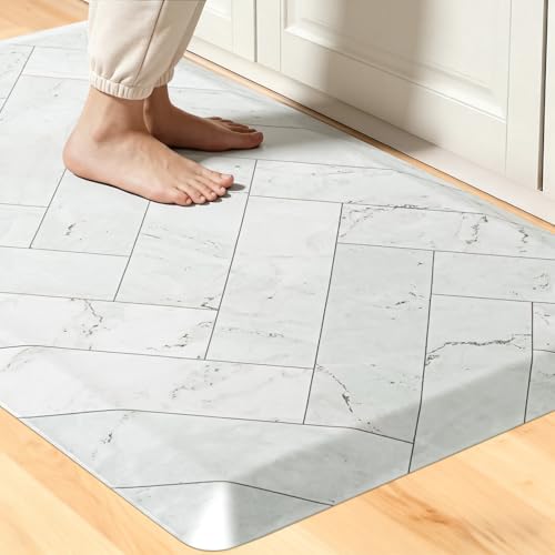 Image of UKISS 9 /10 Marble-Pattern Extra Thick Cushioned Kitchen Mat, Non-Slip Waterproof Comfort Memory Foam Standing Desk Mat, Ergonomic Anti Fatigue Floor Mat for Kitchen, Office (Teal, 20 inch X 32 inch)