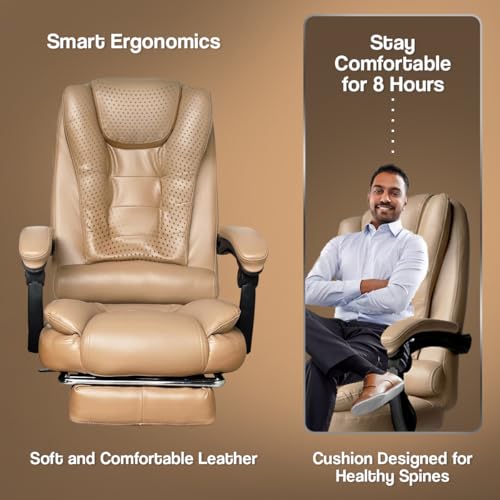 Image of Kepler Brooks Italia Premium Leatherette Office Chair for Work | 3-Years Warranty | Boss Chair for Office, Ergonomic Executive Chair, Cushioned Arms & Seat, Leg Rest,Heavy Duty Metal Base (Almond)