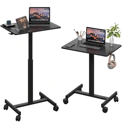 Gamork Mobiler Kleiner Stehpult, Gasfeder, höhenverstellbar, rollbarer tragbarer Laptop-Schreibtisch mit feststellbaren Rädern, Computer-Workstation, Rollpodium (Es ist schwarz, Typ-T 48 * 65CM)