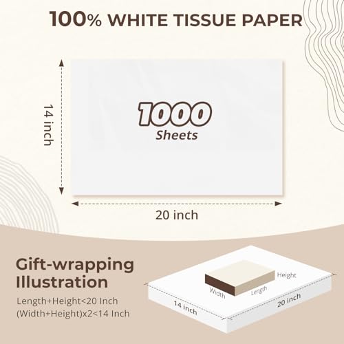 Image of Simetufy 1000 Sheets 14x20 White Tissue Paper Bulk for Gift Bags | Gift Packing Paper for Moving Gift Wrapping Wedding Birthdays Holidays Crafts & Decor