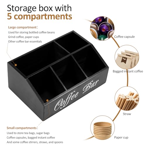 Sutowe Coffee Station Organiser 5 Compartment Tea Chest Box Coffee Bar Accessories Caddy Wood Vintage Coffee Pods Holder 32x21x13.2cm Condiment Tray for Countertop Sugar Packet Sweeteners (black) - Image 3