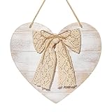 Valentines Door Sign Decorations: Rustic White Love Hearts Thick Wooden Valentines Decor with Lace Bow, Vintage Heart Shaped Valentines Day Wreaths for Front Door Wall Porch Home Room Office Farmhouse