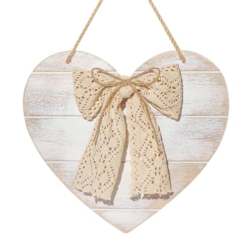Letrero decorativo para puerta de San Valentín: corazones blancos rústicos de madera gruesa con lazo de encaje, coronas vintage en forma de corazón para el día de San Valentín para puerta delantera,