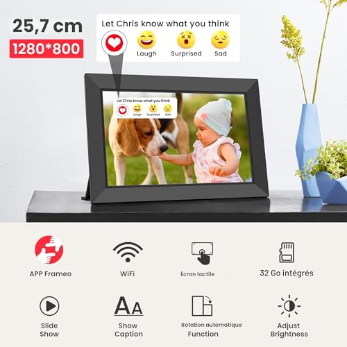 Frameo Cadre Photo Numérique WiFi 10,1 Pouces avec Mémoire Intégrée de 32 Go, Écran Tactile HD 1280x800 IPS pour Partager Photos et Vidéos, Support Multilingue, Rotation Automatique, Montage Mural – vue 4
