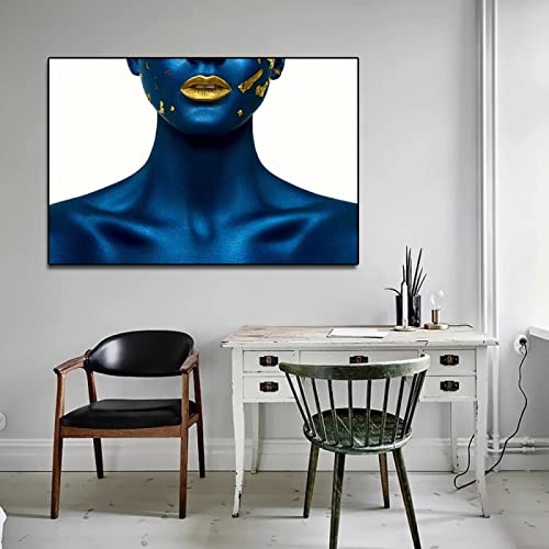Póster de arte de pared moderno retrato de labios azul dorado para un salón elegante