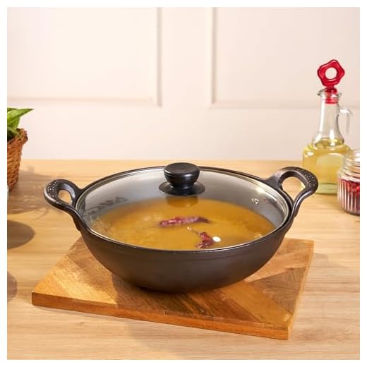 HomeEssentials Cast Iron Kadai with Lid 25cm / Pre Seasoned Iron Wok with 2 Handles and Flat Base/Iron Wok for Cooking/Uncoated Wok for Electric Induction (with Glass Lid)