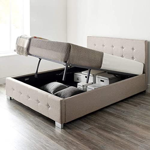 Aspire Beds Upholstered Storage Ottoman Bed Frames With End or Side Opening Ottoman Lift, End Opening, Grey Linen, 4ft 6 Double 135 x 190