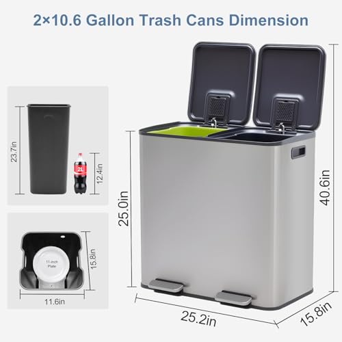 Image of DUMOS 2 x 10.6 Gallon Kitchen Trash Can with Lid, Stainless Steel Garbage Can with Soft-Close Lid & Removable Inner Buckets, Dual Compartment Step-on Waste Bins for Kitchen Bathroom Bedroom Office