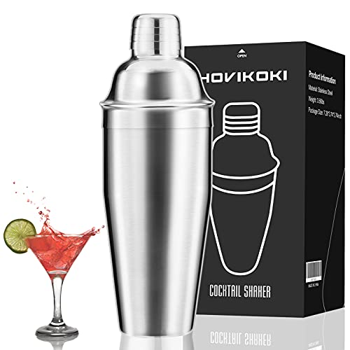 Martini Shaker 24 oz Cocktail Shaker Drink Bar Tool by Hovikoki, Professional Drink Shaker 18/8 Stainless Steel Margarita Shaker Mixer with Built-In Strainer Cocktail Recipe Guide Bartender Kit