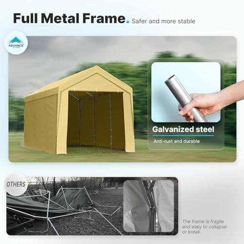 ADVANCE OUTDOOR 12x20 ft Heavy Duty Carport with Sidewalls & Doors, Adjustable Height from 9.5 ft to 11 ft, Car Canopy Garage Party Tent Boat Shelter with 8 Reinforced Poles and 4 Sandbags, Beige