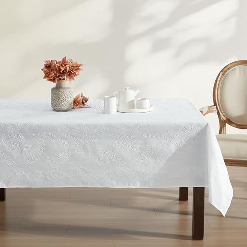 Laura Ashley Tablecloth Raised Woven Embroidered Jacquard Fabric, Wrinkle Resistant for Dining, Holiday, Party, Wedding or Banquet, 60" x 102", Cynthia White