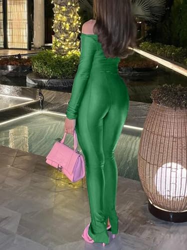 acelyn 2 Piece Outfits for Women Sexy Off Shoulder Tops Bodycon Flared Pant Sets Club Outfits Tracksuit Light Green XL