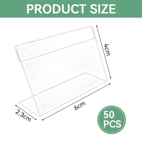 ASOUUNLD 50 Stück Etikettenhalter Acryl Preisschilder Aufsteller Transparent Tischaufsteller Vertikal Klein Namensschilder Buffet Schilder für Büro Laden Supermarkt (6x4 cm)