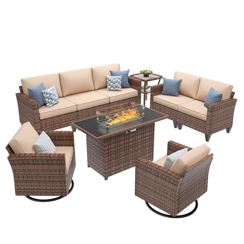 Image of UDPATIO Patio Furniture Set with Fire Pit Table, Rocking Swivel Chairs, 6 Pieces Outdoor Conversation Sets, All-Weather Wicker Outdoor Sectional Sofa with Waterproof Cover, 4'' Thickened Cushion