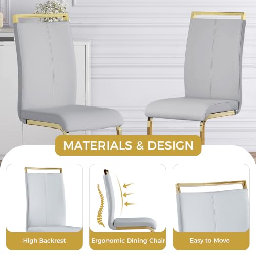 Image of Baysitone Modern Dining Chairs Set of 2, Side & Kitchen Chairs with Gold Frame, Faux Leather Padded Seat High Back, for Dining, Kitchen & Living Room - Light Grey