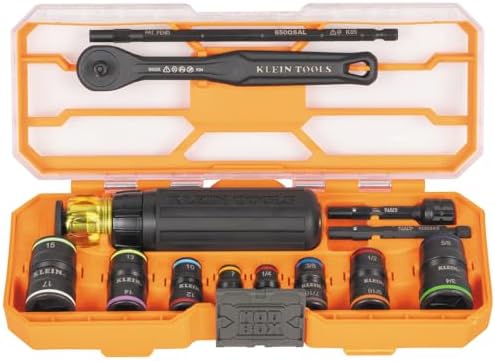 Klein Tools 65242 KNECT Impact Socket Set, Ratcheting Screwdriver Set, 1/4-Inch Drive, SAE and Metric Flip Sockets, 16 Hex Sizes, Adapters, MODbox Case