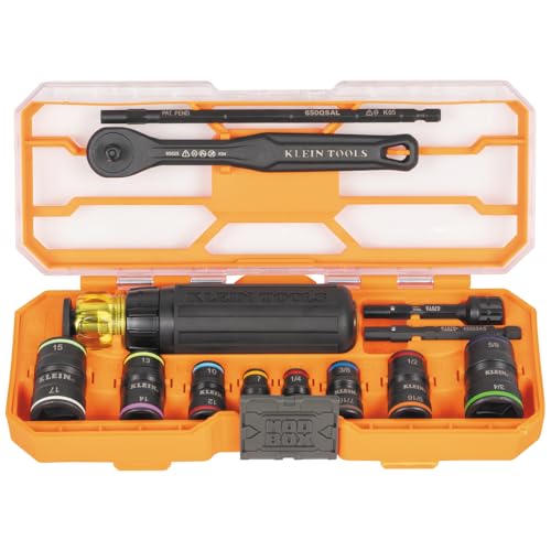Klein Tools 65242 KNECT Impact Socket Set, Ratcheting Screwdriver Set, 1/4-Inch Drive, 4 SAE and 4 Metric Flip Sockets, 16 Hex Sizes, Adapters, MODbox Case by KLEIN TOOLS - Used condition - US$82.86