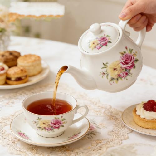 Image of European Style Porcelain Teapot 400ml, Small Chinese White Teapot with Flowers Coffee Tea Water Pot Vintage Ceramic Litter Kettle (14oz)