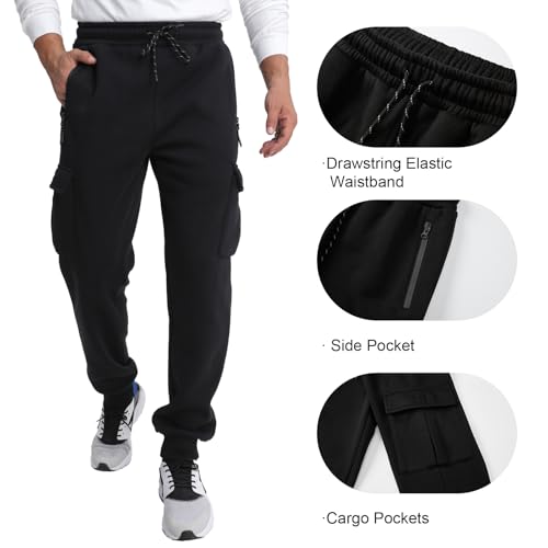 Mens Fleece Cargo Joggers,3 Pack Sweatpants with Zipper Pockets Athletic Workout Gym Joggers for Men(Large) — view 4