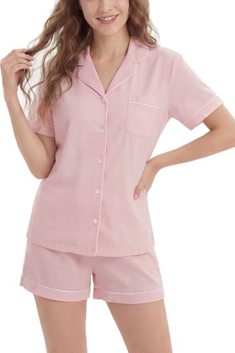 Image of LUBOT 100% Cotton Pajamas for Women 2 Piece PJ Set Button-Down Soft Knit Short Sleeve Summer Sleepwear Loungewear XS-XXL