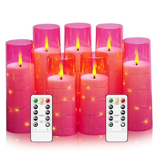 Image of Flameless Candles,with Embedded Star String, Battery Operated Candles Flickering LED Pillar Candles with Remote Control and Timer, Home Decoration Add a Warm and Romantic Atmosphere,Set of 7 (Pink)