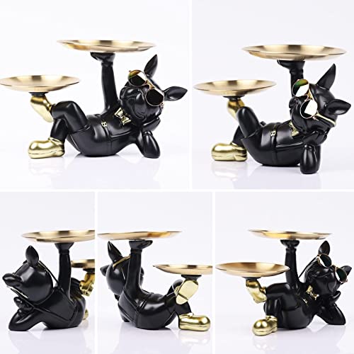 Deko Skulptur Bulldogge, Schlüsselschale Modern Schwarz, Schlüsselablage Flur, Deko Figuren Wohnzimmer, Hundefigur Deko, Französische Bulldogge Aufbewahrung für Flurdeko und Wohnzimmer (Schwarz -2)