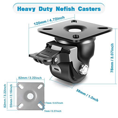 Nefish 2 Inch Heavy Duty Caster Wheels with Brake, Extra Width Plate Swivel Industrial Castor Set of 4 Load Capacity 2200 LBS, Sturdy Nylon Furniture Casters Wheels for Cart, Furniture, Workbench