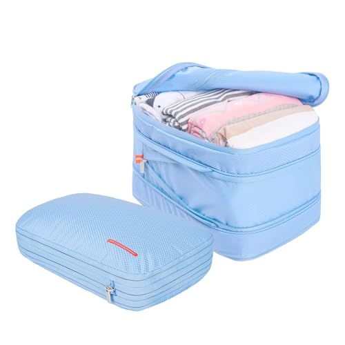 Bee Nesting Compression Packing Cubes 2 set for travel carry on Small Luggage Organizer Bags with Double-Sided(M+M 9L/9L, Light blue)