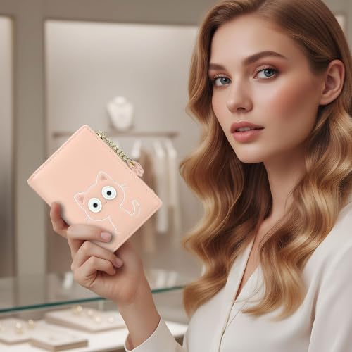 Image of Small Womens Wallet, Cute Bifold RFID Blocking Vegan Wallet for Teen Girls Ladies with Zipper Coin Pocket (Pink Cat)