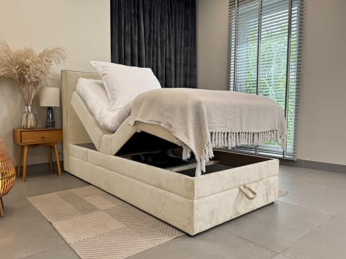 TRADA Lit Adulte Sorrento - Ensemble Matelas+sommier Relaxation électrique avec Matelas Ressorts ensachés, Rangement et surmatelas en Tissu (Beige, 120x200)