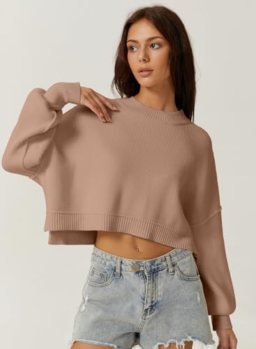 QINSEN Women's Mock Neck Cropped Sweater Long Sleeve Drop Shouler Oversized Knit Pullover Tops3