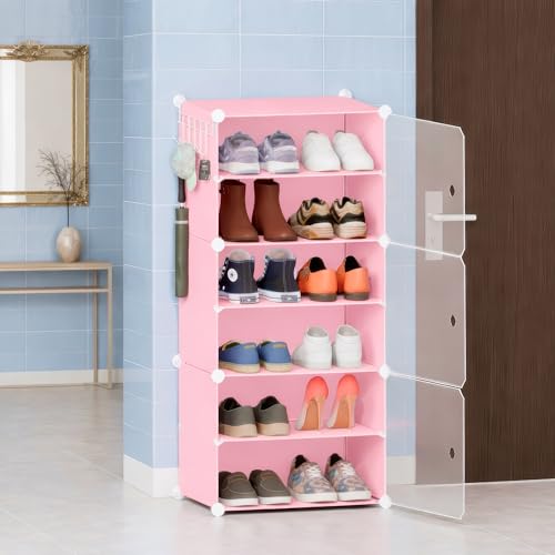 Image of amazon basics DIY Foldable Shoe Rack | 6 Layer Plastic Shoes Rack with Door Cover | Multipurpose Stand for Home & Entryway Pink