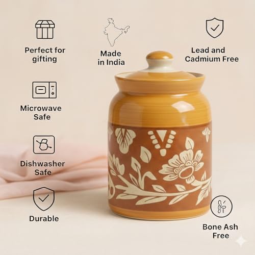 Image of Handcrafted Ceramic Jar with Lid 1000 mL | Traditional HandPainted Kitchen Storage Container | Pickle, Spice, Sugar, Tea, Coffee Canister | Pottery Home & Gift (Set of 1) (Full Yellow &Red Bale)