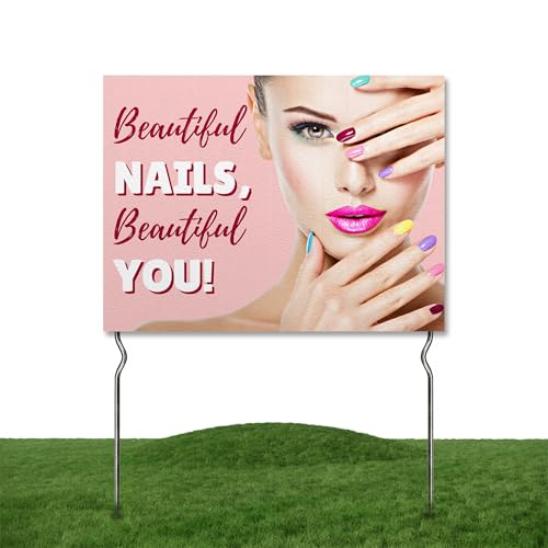 Beautiful Nails, Beautiful You! Yard Sign by DC | 24'x18' Double Sided Salon Garden Sign with 13”...