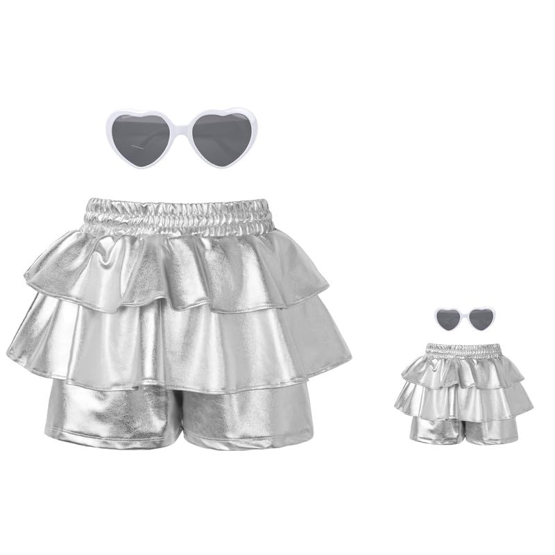 Mirawise Girls Matching Doll & Metallic Shorts Shiny Sparkle Ruffle Dance Outfit 6-13Y and American Girl Dolls Clothes