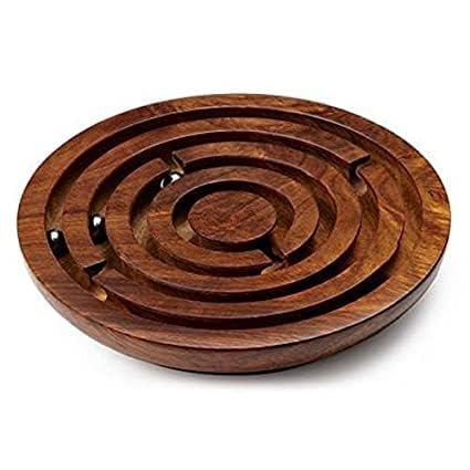 PR INTERNATIONAL Hand Made Round Labyrinth Maze Wooden Toys Brain Teaser Puzzle Game