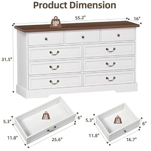 9 Drawer White Dresser for Bedroom 55 Dressers Chests of Drawers Large Dresser for Clothes Closet Farmhouse Storage Dresser for Entryway Hallway White