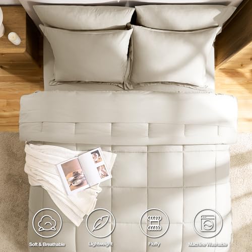 CozyLux Oatmeal Queen Comforter Set with Sheets - 7 Pieces Bed in a Bag Queen Bedding Sets, All Season Soft 7PC Bed Set with Oatmeal Comforter, Flat Sheet, Fitted Sheet, Pillowcases & Pillow Shams - Image 3