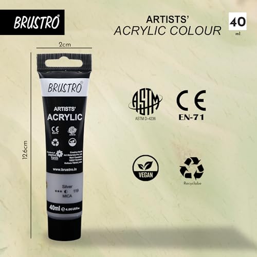 Image of BRUSTRO Artists Acrylic Paint Tube | 40ml, Silver (Pack of 2)|Non-Toxic, Water Based, Inter Mixable, Ideal for Painting, Textured Effects on Canvas, Paper, Fine Art Student and Professionals