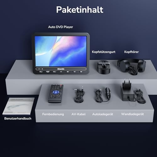 10,5 Zoll Auto DVD Player mit 5 Stunden Akuu, HDMI-Eingang, Kopfhörer, Auto TV Monitor Rücksitz für Kinder, Unterstützung von USB/SD