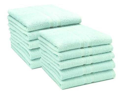 ZOLLNER 10er Set Handtücher in 50x100 cm - Flauschige Duschtücher aus Baumwolle - mit moderner Streifenbordüre - bis 60°C waschbar - mit praktischem Aufhänger - in Mint - Hotelqualität