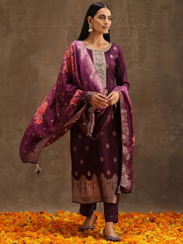 Image of Libas Womens Self Design Silk Straight Kurta With Trousers and Dupatta | daily wear suit