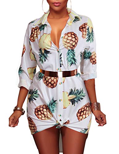 Women's Sexy Floral Print Simple Button Down Long Sleeve Collar Loose Shirts Blouse Tops Mini Dress