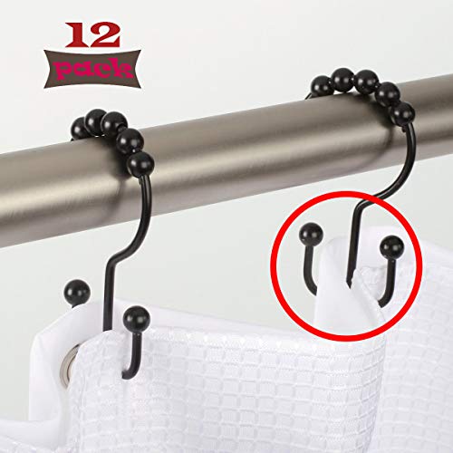 Yoocylii Metal Double Glide Shower Hooks Rings,Shower Curtain Rings Stainless Steel for Bathroom Shower Rods Curtains Hooks,Set of 12 (Matte Black)