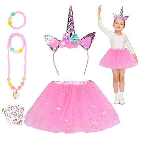 DONCOO Costume Unicorno Bambina,Set 4 Pezzi Cerchietto Unicorno Bambina con Ail Bacchetta Tutù,Costume Principessa Bambini,Unicorn Bambini Regalo
