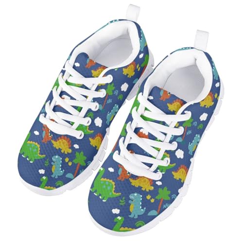 Dinosaur Dark Blue Girls Lightweight Sneakers Kids Tennis Sports Shoes Slip On Running Shoes White Sole
