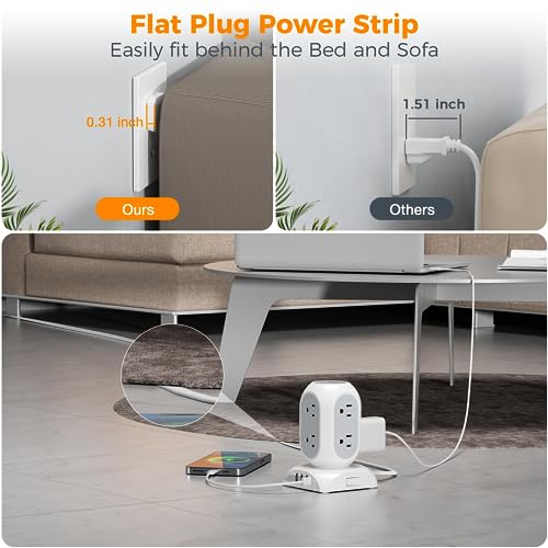 Tower Power Bars with Surge Protector, TESSAN Flat Plug Extension Cord 10 Ft with 8 AC Multiple Outlets and 4 USB Ports (1 USB C), 1050J Power Strip Desk Charging Station for Home Office Dorm Room - Image 3