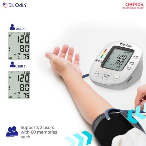 Image of Dr. Odin OBP104 Pulse Mini Digital Blood Pressure Monitor for Accurate BP & Pulse Readings | LCD Display | 2x60 Memory Records | Large Cuff (22-42 cm) | USB Port | WHO Indicator | 1-Year Warranty