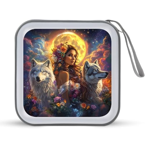 Woman With Wolf CD Case Plastic DVD Case Holder Wallet Disc Storage Organizer for Car Travel